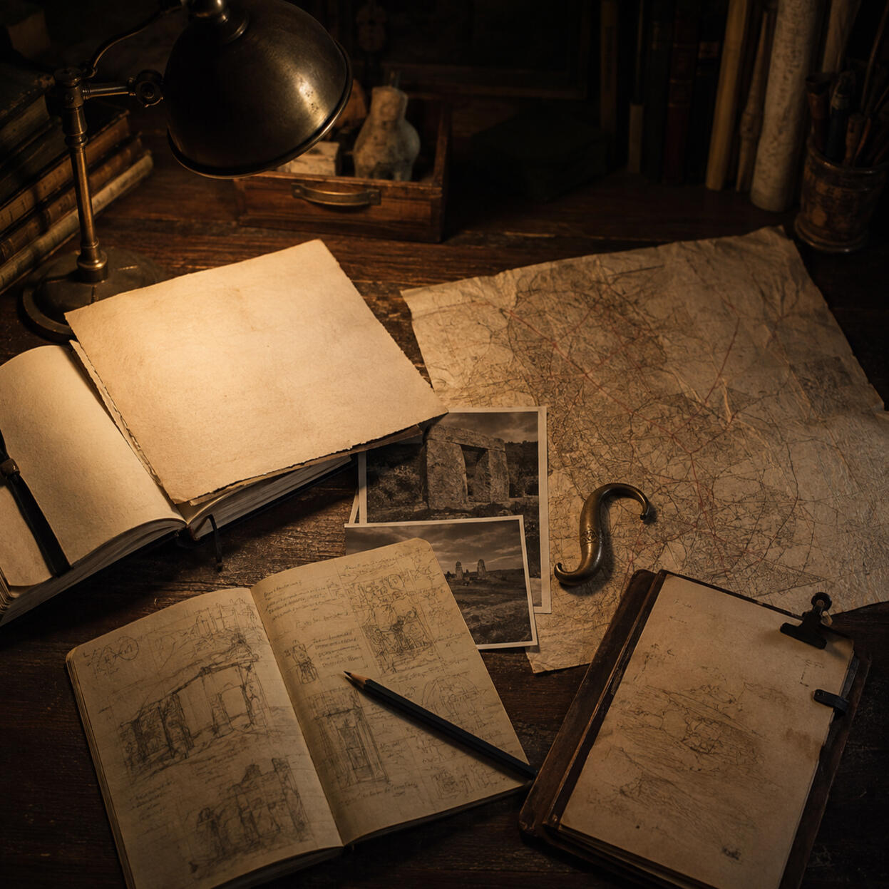 Elias Duvain’s Writing Desk A writer’s desk with archaeological notes, old maps, photographs, and a bronze hook
